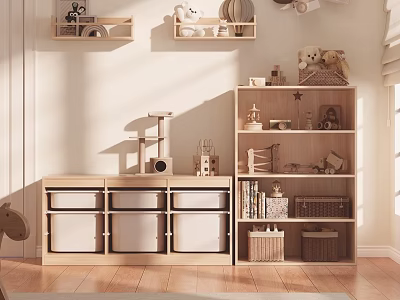 Wooden Storage Shelves In Kids Room With Toys Books And Decorations 3d model