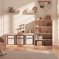 Wooden Storage Shelves In Kids Room With Toys Books And Decorations