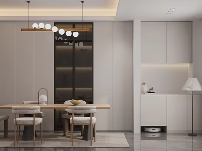 Modern Dining Room with Wooden Dining Table Chairs and Pendant Lights Minimalist Cabinets Design 3d model