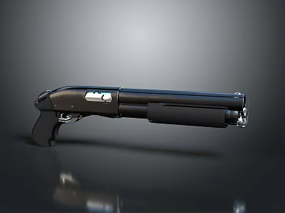 Modern Black Shotgun with Tactical Design Grip and Barrel on Dark Reflective Surface 3d model