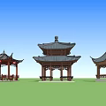Traditional Chinese Landscape Pavilions With Curved Roofs And Wooden Structures