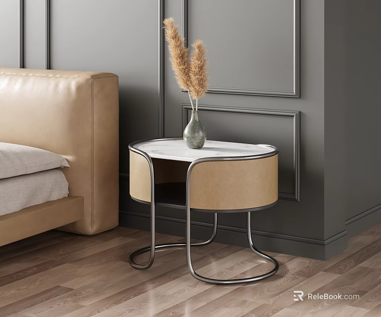 Modern Nightstand With Marble Top Metal Frame Vase With Dried Pampas Grass Beside Beige Sofa 3d model 