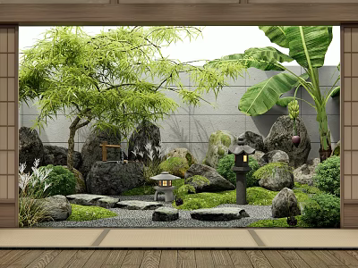 Japanese Garden Landscape With Bamboo Banana Leaves Stone Lantern And Stepping Stones 3d model