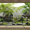 Japanese Garden Landscape With Bamboo Banana Leaves Stone Lantern And Stepping Stones