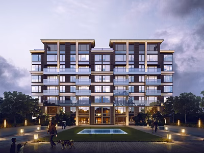 Modern Residential Building With Contemporary Design Glass Windows Balconies Central Lawn And Pool 3d model