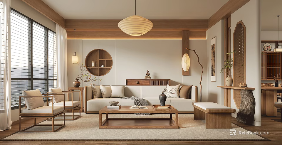 Modern Wooden Living Room Interior Design With Sofa Coffee Table Pendant Light And Decorative Art 3d model 