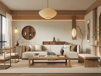 Modern Wooden Living Room Interior Design With Sofa Coffee Table Pendant Light And Decorative Art 3d model