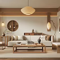 Modern Wooden Living Room Interior Design With Sofa Coffee Table Pendant Light And Decorative Art