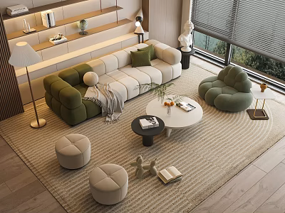 Elegant Sofa Coffee Table Set Interior With Green Accent Chairs Ottomans Floor Lamp And Bookshelf 3d model