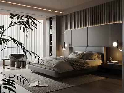 Modern Bedroom Interior Design With Bed Headboard Wall Lights Area Rug And Potted Plant 3d model