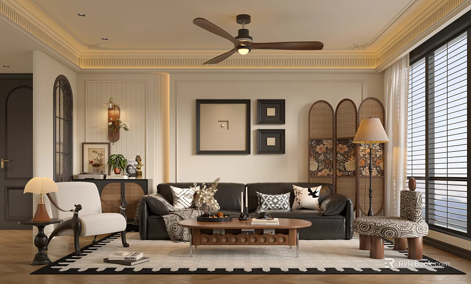 Cozy Vintage Living Room With Black Leather Sofa Warm Wooden Furniture And Natural Rattan Decor 3d model 