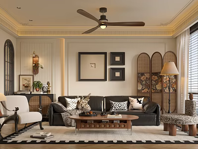 Cozy Vintage Living Room With Black Leather Sofa Warm Wooden Furniture And Natural Rattan Decor 3d model