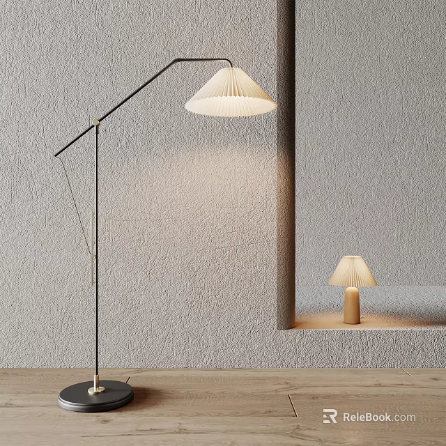Modern Floor Lamp And Table Lamp Combination With White Pleated Shades On Gray Wall Interior 3d model 