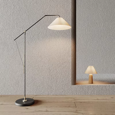 Modern Floor Lamp And Table Lamp Combination With White Pleated Shades On Gray Wall Interior 3d model