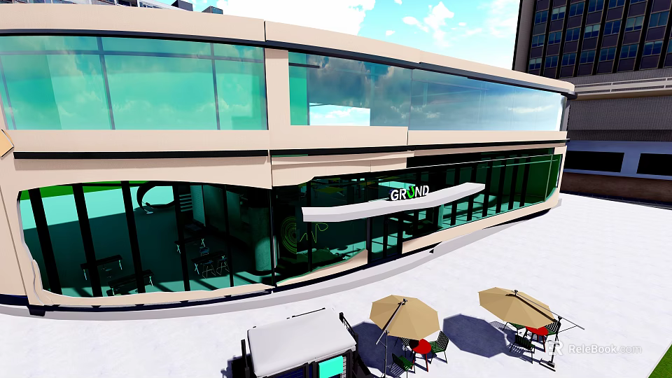 Grand Specialty Store Modern Glass Facade Building With Outdoor Tables Umbrellas And Chairs 3d model 