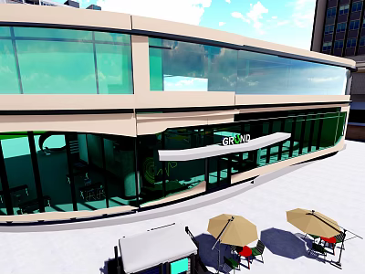 Grand Specialty Store Modern Glass Facade Building With Outdoor Tables Umbrellas And Chairs 3d model
