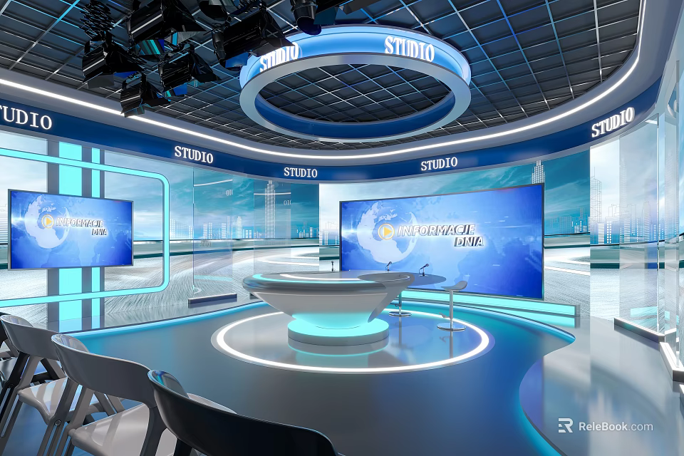 Modern Studio Interior With Large Screens Circular Table And Lighting Equipment 3d model