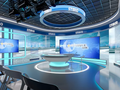 Modern Studio Interior With Large Screens Circular Table And Lighting Equipment 3d model