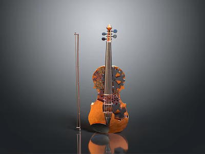 Elegant Wooden Violin With Decorative Patterns And Bow As Household Musical Item 3d model