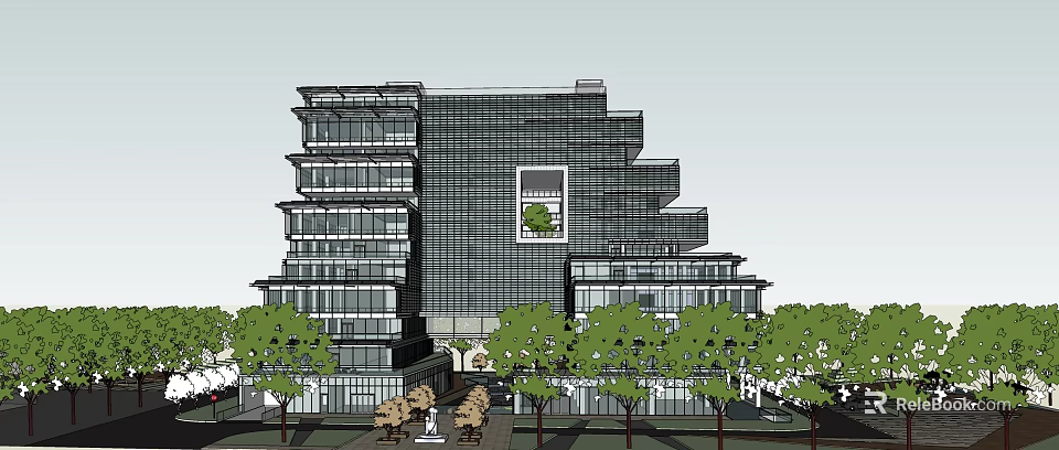 Modern Multi Storey Glass Facade Building With Central Green Space And Surrounding Trees 3d model 