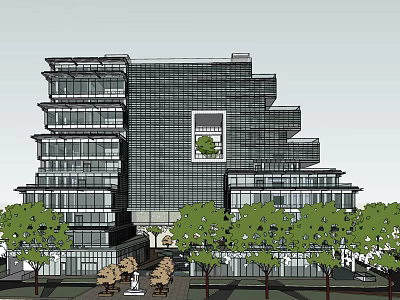 Modern Multi Storey Glass Facade Building With Central Green Space And Surrounding Trees 3d model