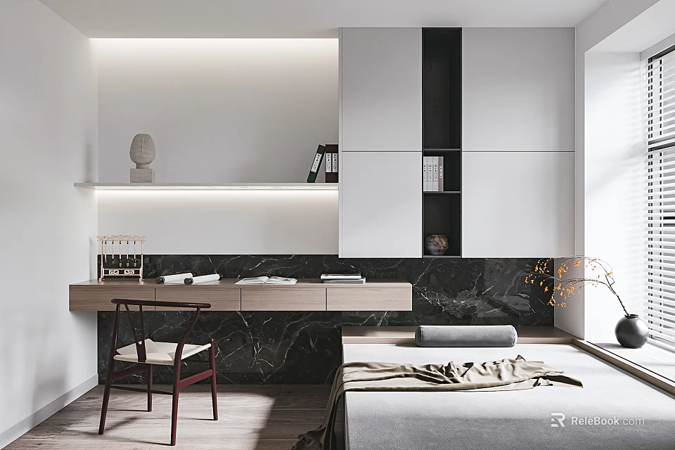 Cozy Tatami Bedroom Interior With Tatami Bed Desk Storage Cabinets And Built In Lighting 3d model 