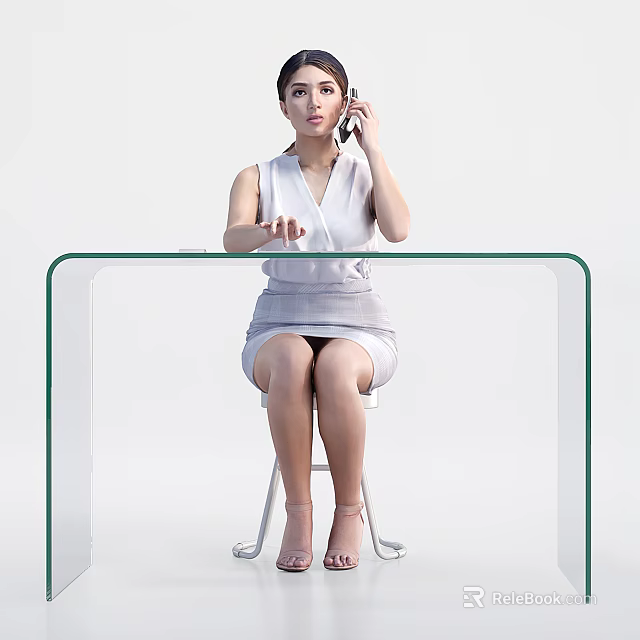 Woman in White Sleeveless Top Talking on Phone While Sitting at Transparent Glass Table 3d model 