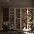 Modern White Bookshelf With Multiple Shelves And Books In Living Room With Armchair And Plant