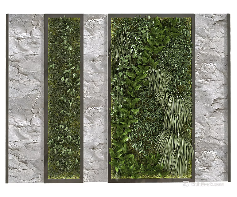 Framed Green Wall Design With Stone Background And Lush Green Plants 3d model