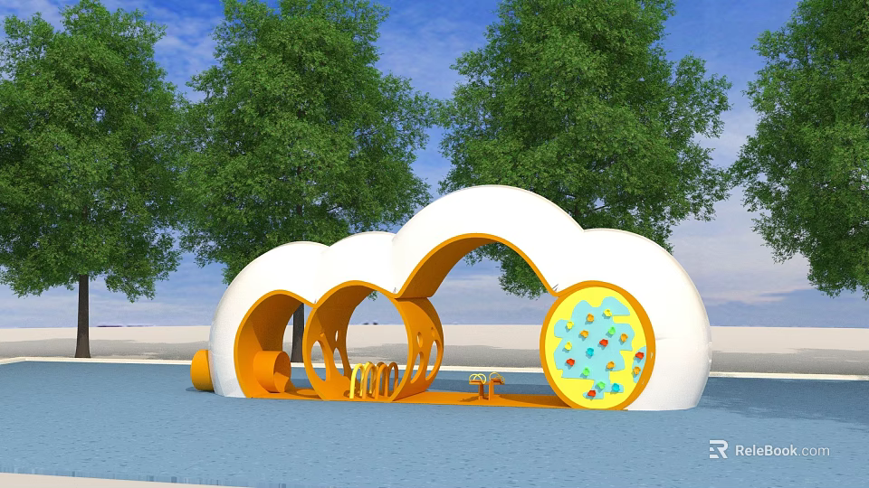 Cloud Shaped Playground Equipment with White Orange Arched Tunnels and Circular Panel Featuring Colorful Patterns 3d model 