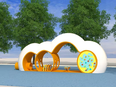 Cloud Shaped Playground Equipment with White Orange Arched Tunnels and Circular Panel Featuring Colorful Patterns 3d model