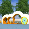 Cloud Shaped Playground Equipment with White Orange Arched Tunnels and Circular Panel Featuring Colorful Patterns 3d model