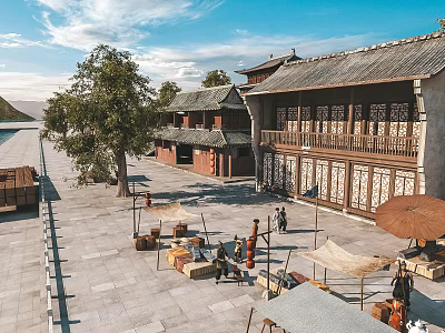Ancient Architecture Plaza With Traditional Tiled Roofs Wooden Structures Old Trees And People Stalls 3d model