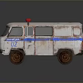 Vintage White Ambulance With Blue Stripes Red And Blue Lights Rusty Body And Number 02