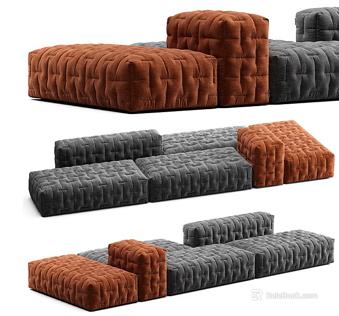 Modern Modular Sectional Sofa With Brown Gray Plush Fabric And Quilted Padded Sections 3d model 
