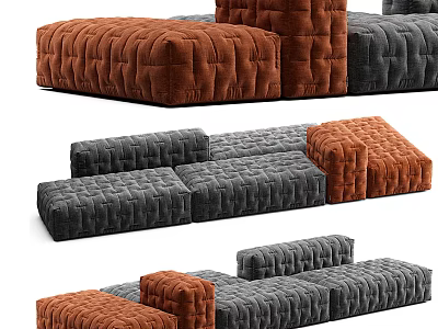 Modern Modular Sectional Sofa With Brown Gray Plush Fabric And Quilted Padded Sections 3d model