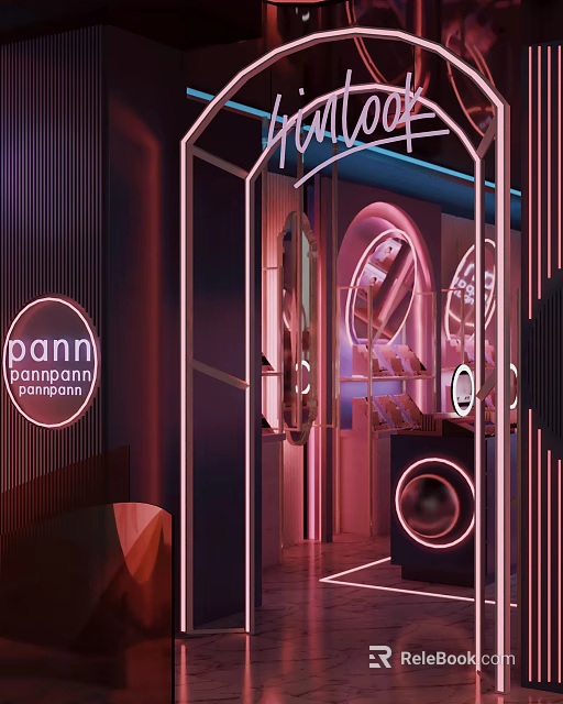 Pannn Modern Specialty Store With Neon Lights Displaying Stylish Shoes On Shelves 3d model 