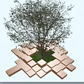 Wooden Tree Pit With Interlocking Blocks Surrounding Tree Trunk And Green Grass 3d model