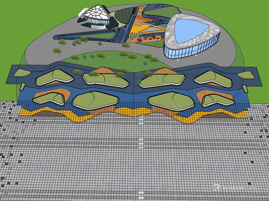 Colorful Children's Play Area Design With Shaped Zones Green Lawns Palm Trees And Water Features 3d model 