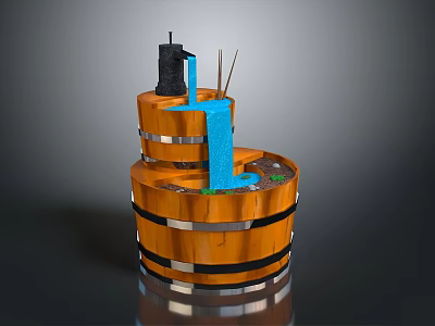 Wooden Tiered Water Fountain With Blue Flowing Stream And Metal Accents 3d model