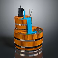 Wooden Tiered Water Fountain With Blue Flowing Stream And Metal Accents