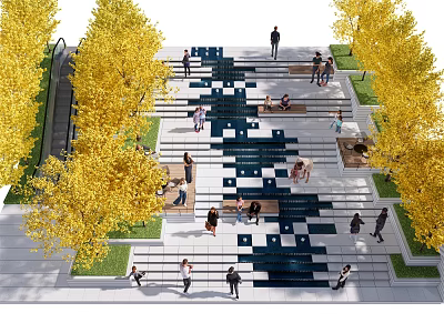 Outdoor Chairs In Stepped Plaza With Yellow Trees And People Relaxing 3d model