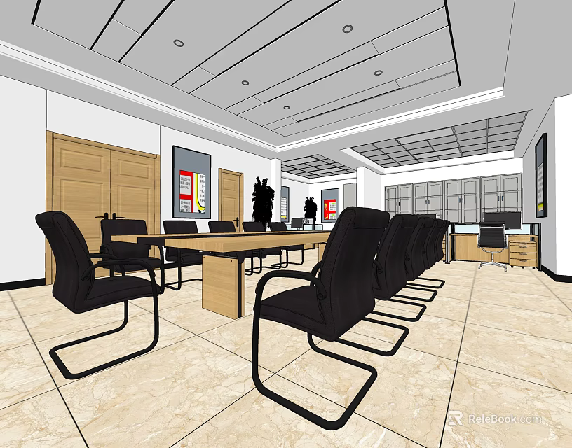 Spacious Modern Conference Room With Long Table Black Chairs Wooden Doors Large Windows And Ceiling Lights 3d model 