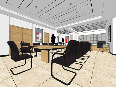 Spacious Modern Conference Room With Long Table Black Chairs Wooden Doors Large Windows And Ceiling Lights 3d model