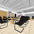 Spacious Modern Conference Room With Long Table Black Chairs Wooden Doors Large Windows And Ceiling Lights