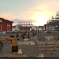 Traditional Ancient Architecture Construction Site With Workers Wood Materials Scaffolding And Sunset