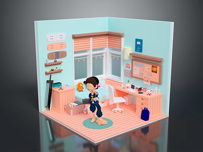 Child playing in a cozy colorful bedroom with desk toys books window rug and decorations 3d model