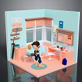 Child playing in a cozy colorful bedroom with desk toys books window rug and decorations