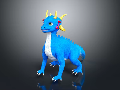 Game Movie Character Blue Dragon 3D Model With Yellow Horns Red Eyes And White Underbelly 3d model