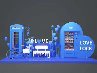 Blue Themed Photo Check in Spot With Telephone Booth Fridge Love Lock Bench And Bicycle 3d model